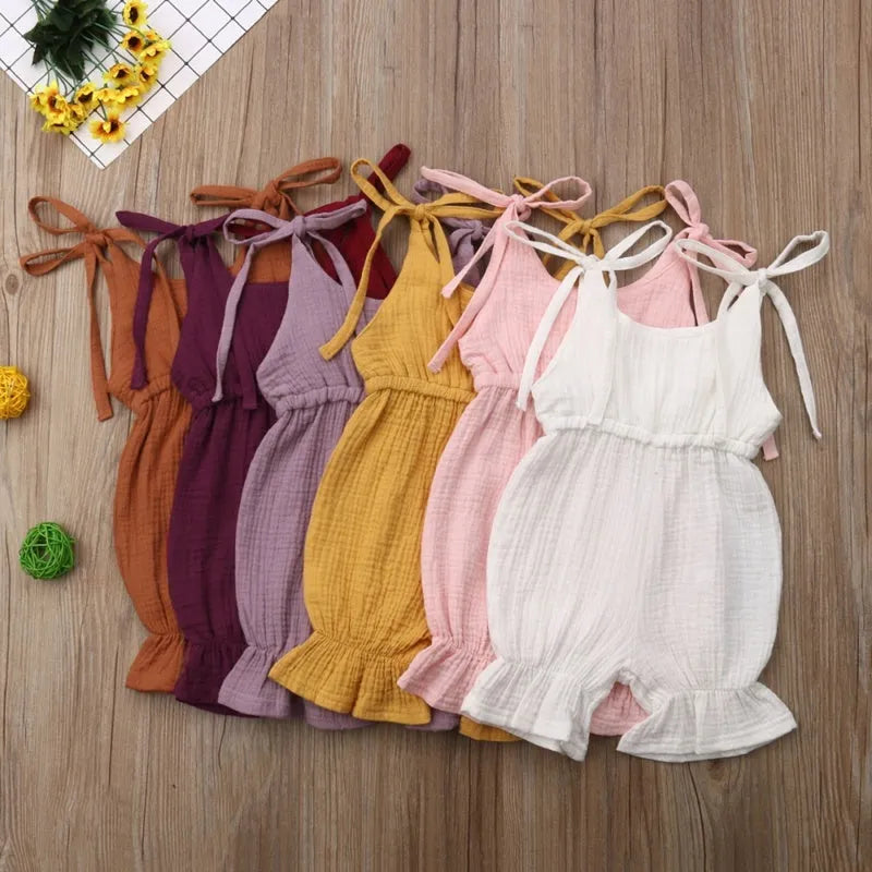 Baby girls sleeveless solid cotton romper jumpsuit in pullover style available in multiple colours