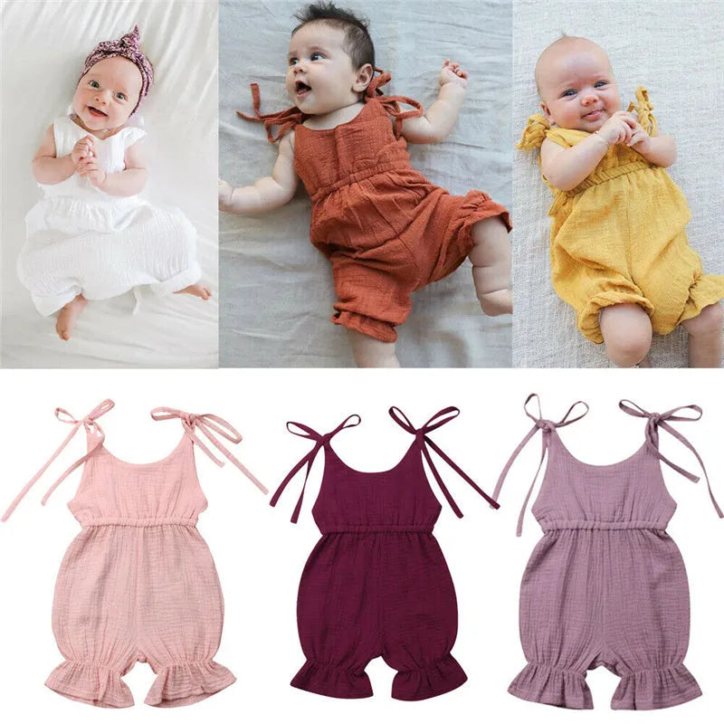 Baby girls sleeveless solid cotton romper jumpsuit in pullover style available in multiple colours