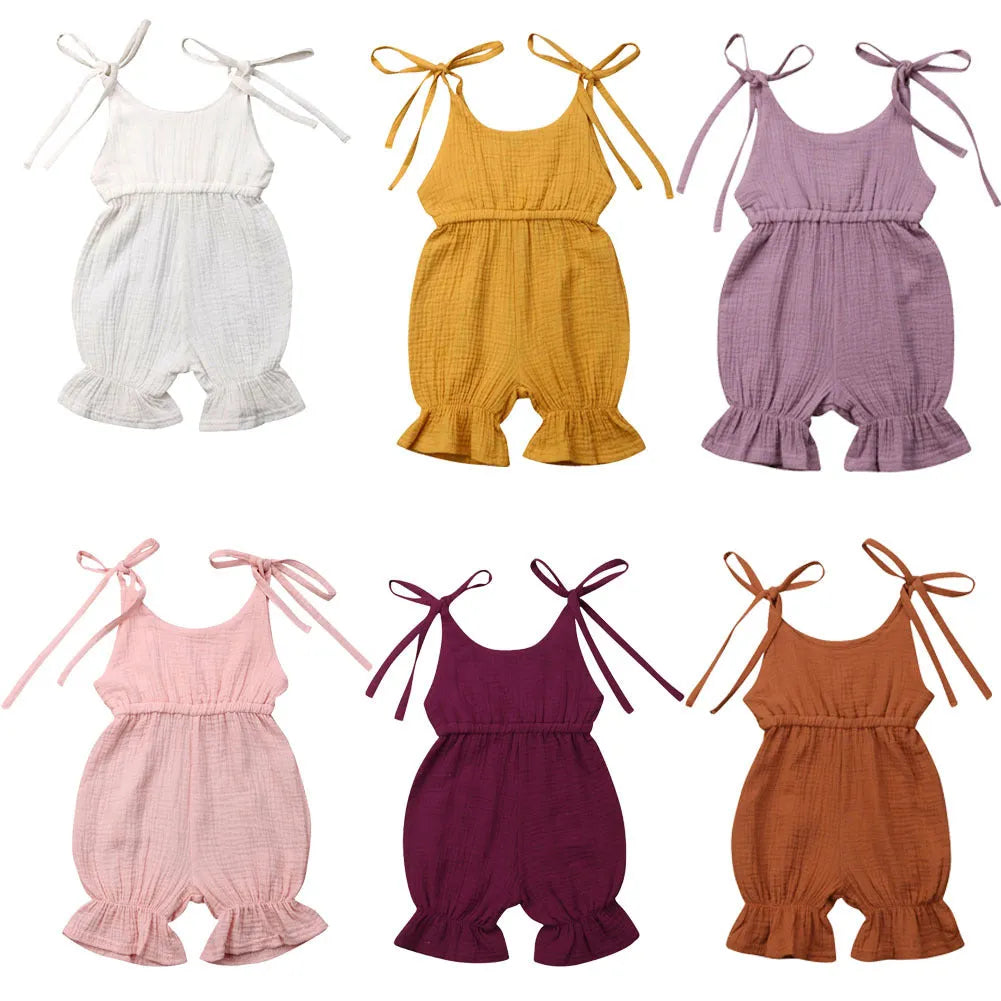 Baby girls sleeveless solid cotton romper jumpsuit in pullover style available in multiple colours