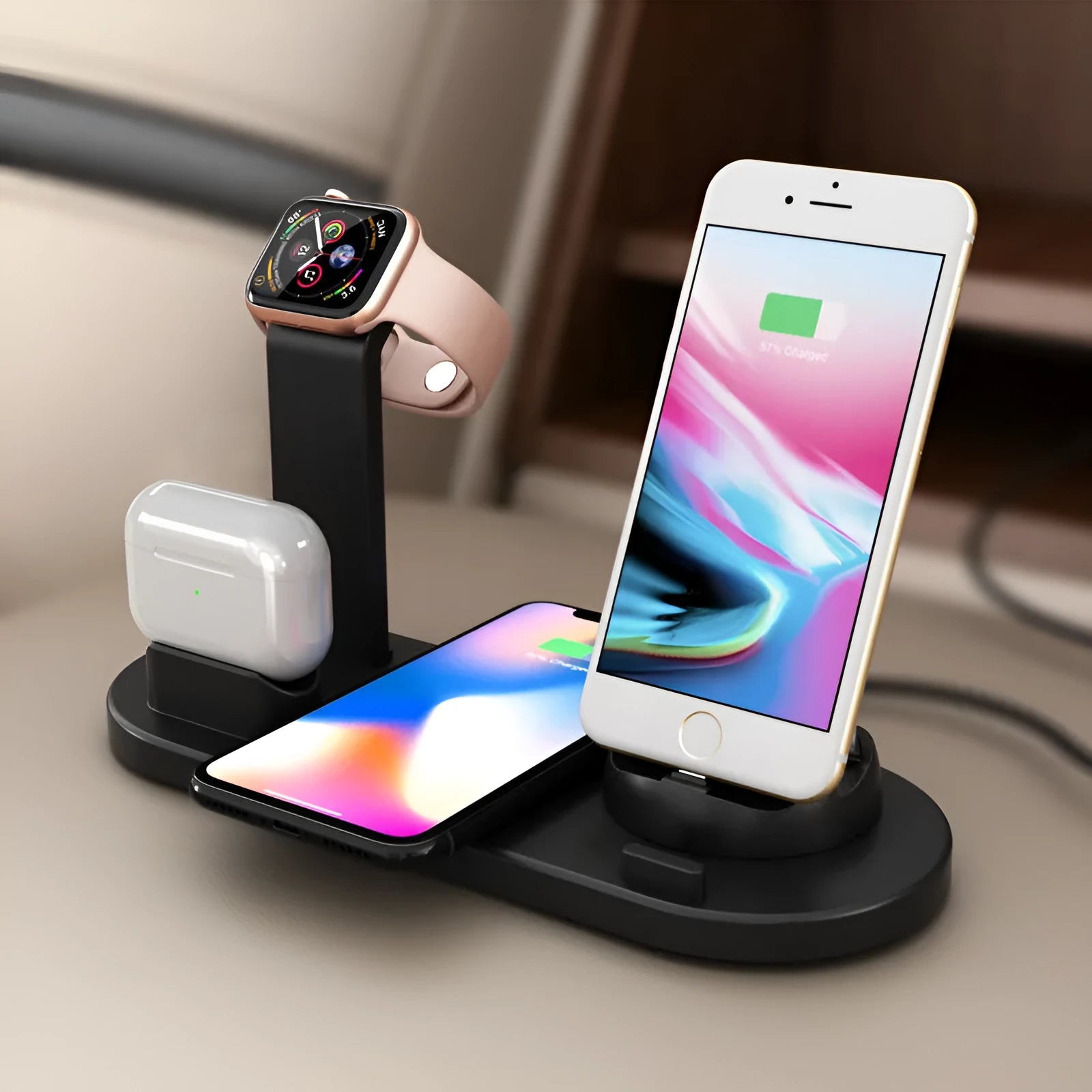 Three-in-one wireless charging bracket for watch and headset in black colour with USB cable