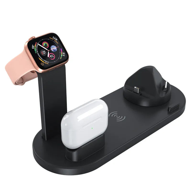 Three-in-one wireless charging bracket for watch and headset in black colour with USB cable