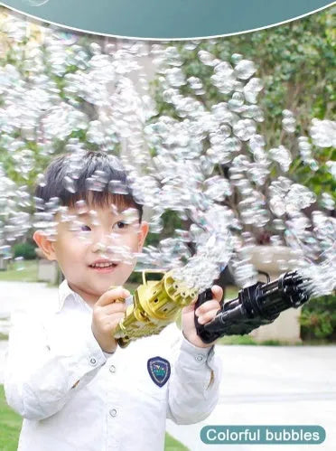 Kids bubble machine gun toy in pink gold black colours with battery compartment and bubble attachment