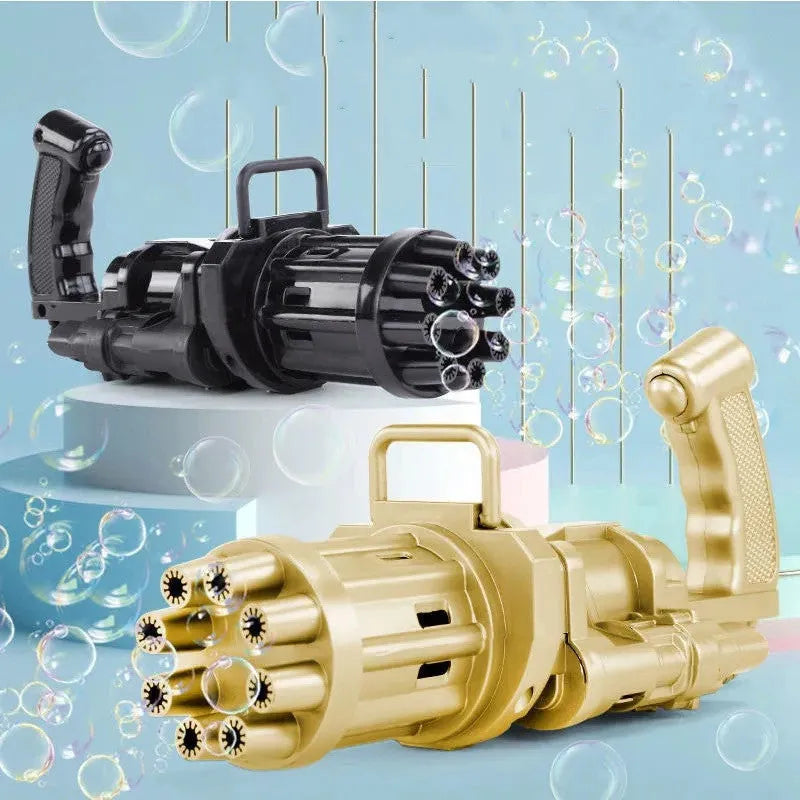 Kids bubble machine gun toy in pink gold black colours with battery compartment and bubble attachment