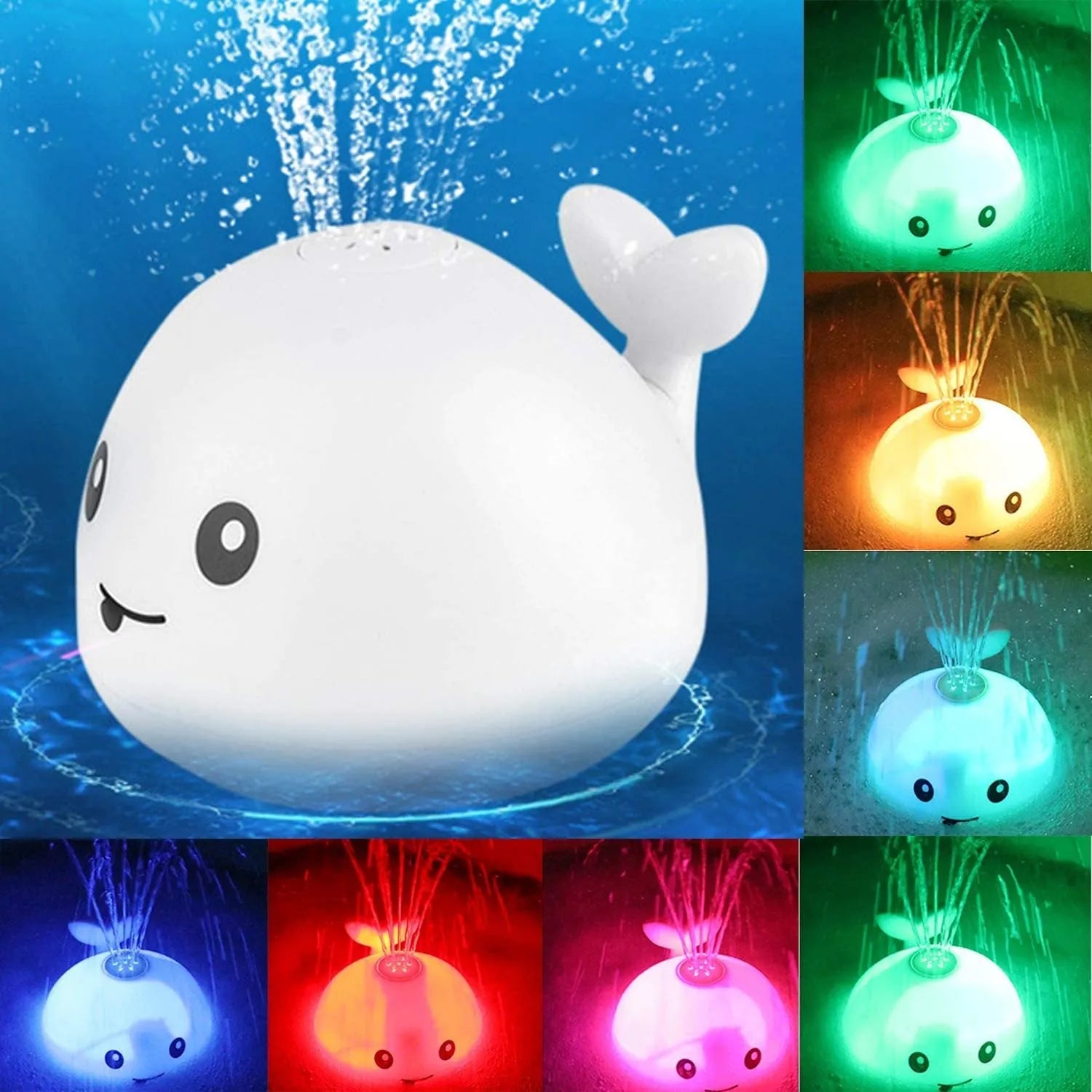 Electric whale bath toy with automatic water spray and flashing lights on a base