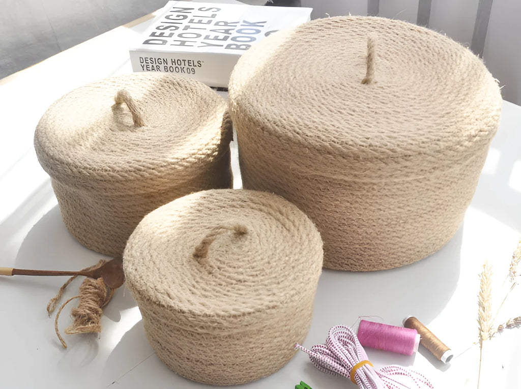Japanese style linen storage basket with dustproof cover in three sizes for underwear organisation
