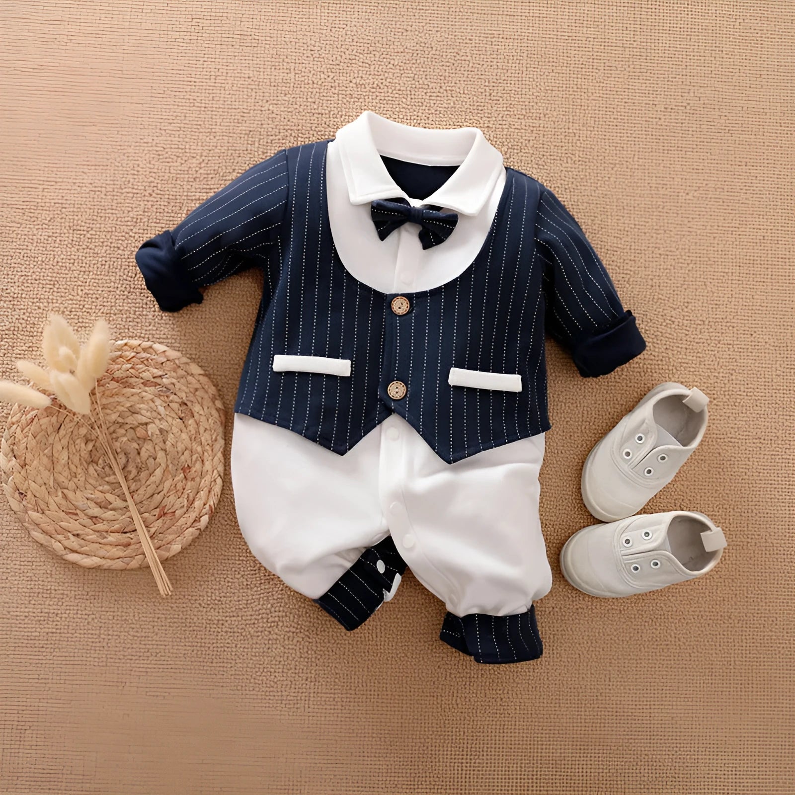 Baby wearing a long-sleeved cotton jumpsuit in a navy blue gentleman style