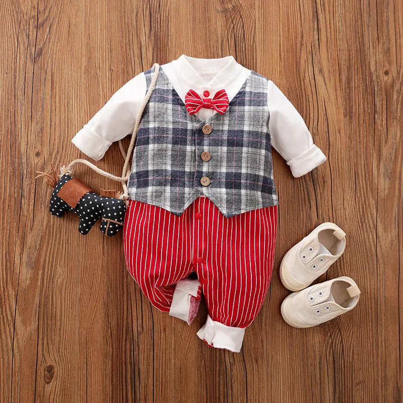 Baby wearing a long-sleeved cotton jumpsuit in a navy blue gentleman style