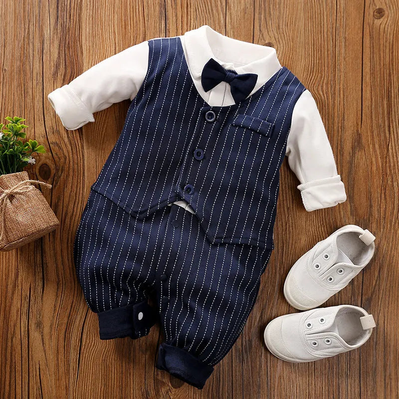 Baby wearing a long-sleeved cotton jumpsuit in a navy blue gentleman style