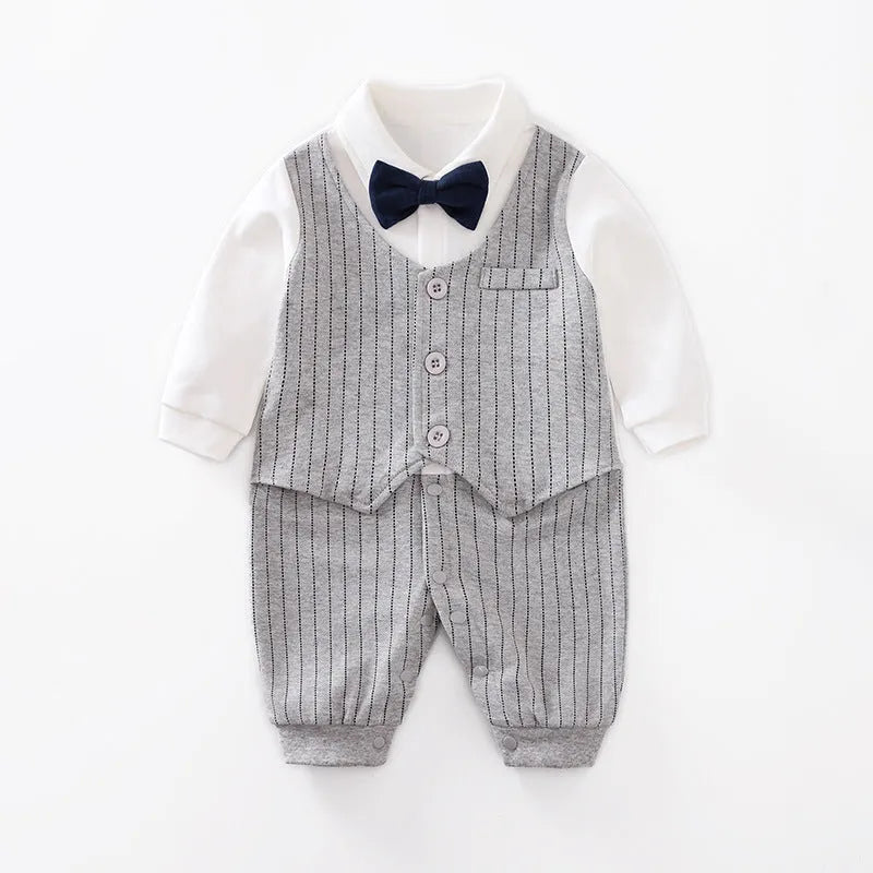 Baby wearing a long-sleeved cotton jumpsuit in a navy blue gentleman style