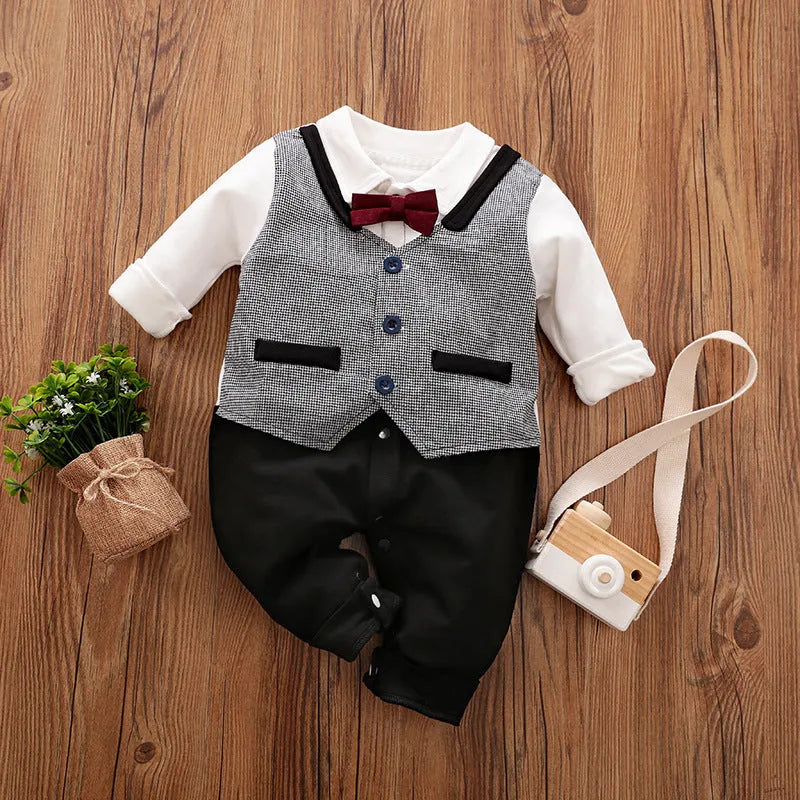 Baby wearing a long-sleeved cotton jumpsuit in a navy blue gentleman style