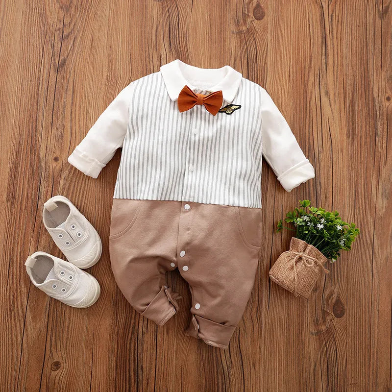 Baby wearing a long-sleeved cotton jumpsuit in a navy blue gentleman style