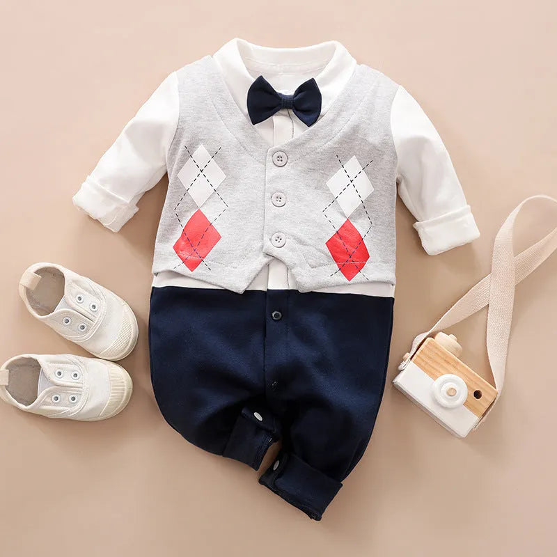 Baby wearing a long-sleeved cotton jumpsuit in a navy blue gentleman style