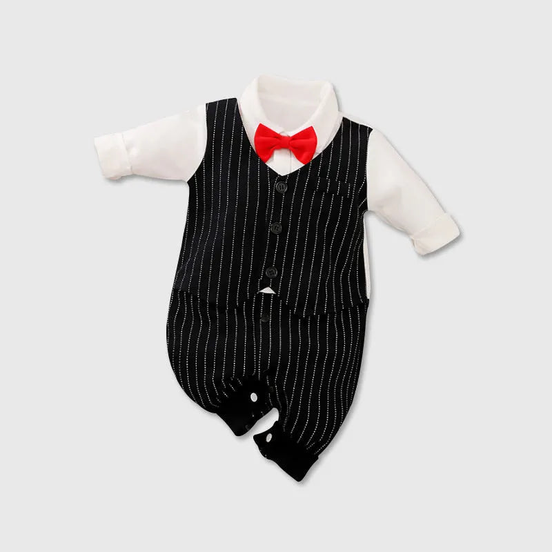 Baby wearing a long-sleeved cotton jumpsuit in a navy blue gentleman style