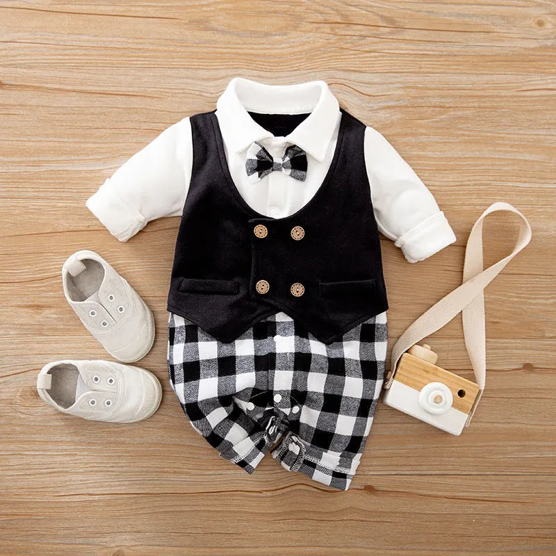 Baby wearing a long-sleeved cotton jumpsuit in a navy blue gentleman style
