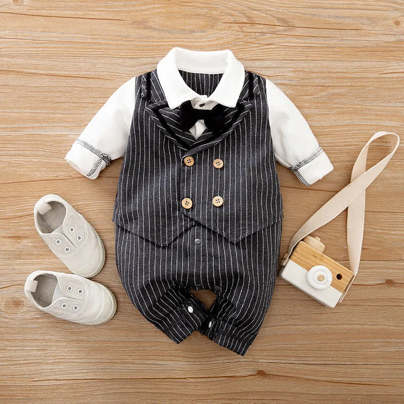 Baby wearing a long-sleeved cotton jumpsuit in a navy blue gentleman style