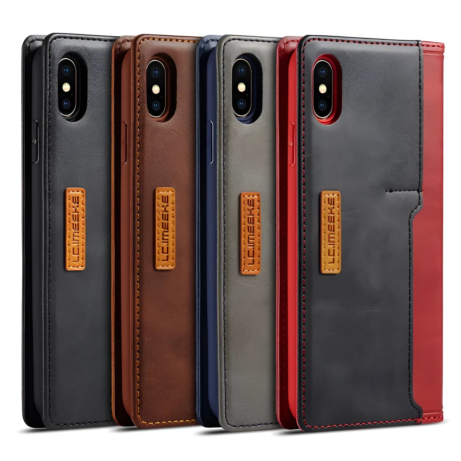 Black flip wallet phone case for iPhone showing card slots and retro leather design.