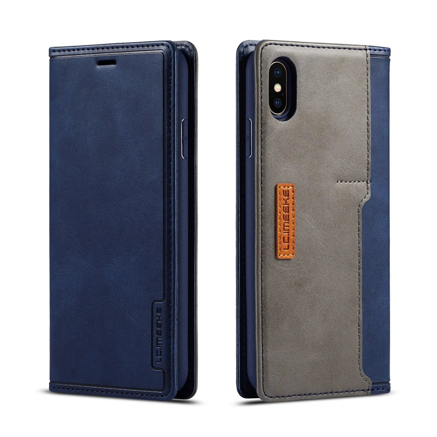 Black flip wallet phone case for iPhone showing card slots and retro leather design.