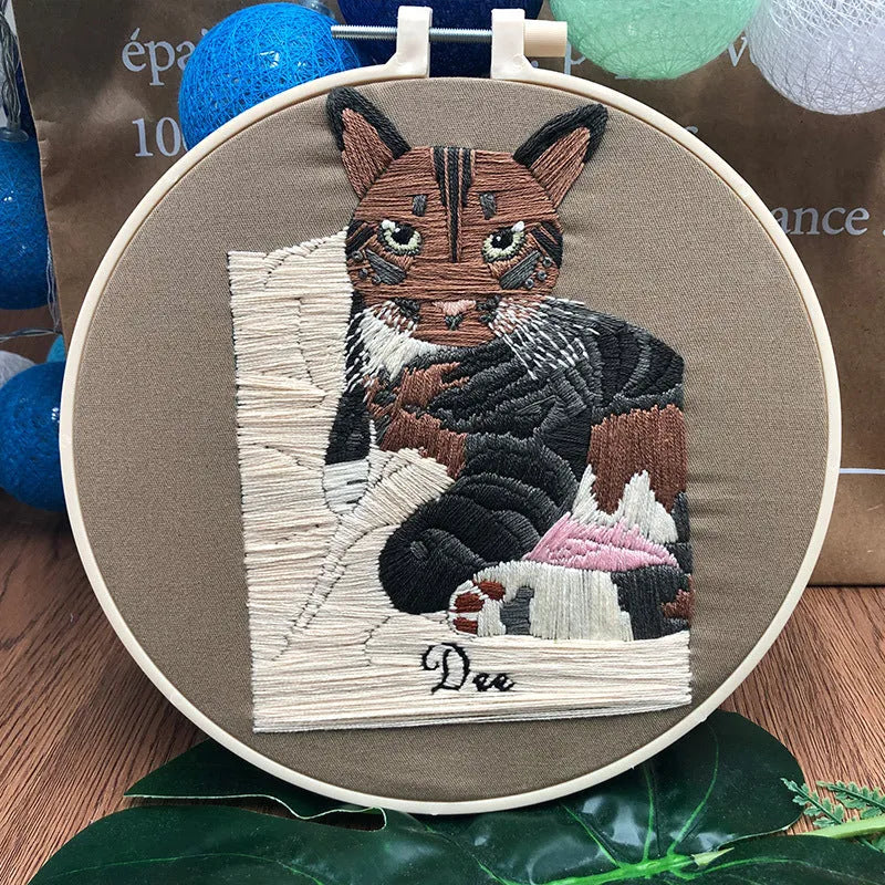 DIY embroidery kit with three-dimensional cat design on cotton fabric with embroidery frame