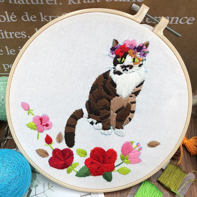 DIY embroidery kit with three-dimensional cat design on cotton fabric with embroidery frame