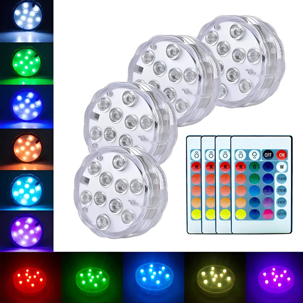 White waterproof LED light with remote control for pool and garden decoration.