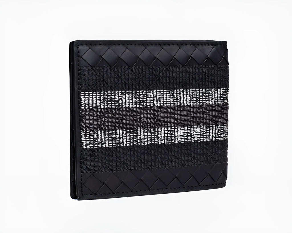 Black hand-knitted cow leather woven folding wallet for men, 19cm width, striped embroidery design