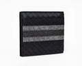 Black hand-knitted cow leather woven folding wallet for men, 19cm width, striped embroidery design
