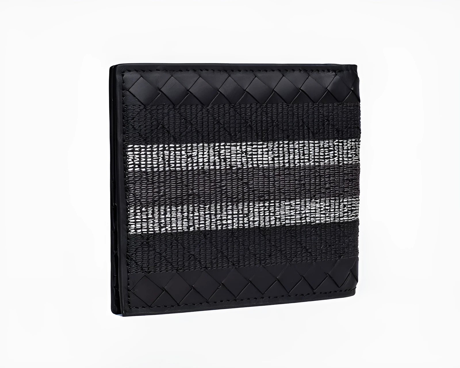 Black hand-knitted cow leather woven folding wallet for men, 19cm width, striped embroidery design