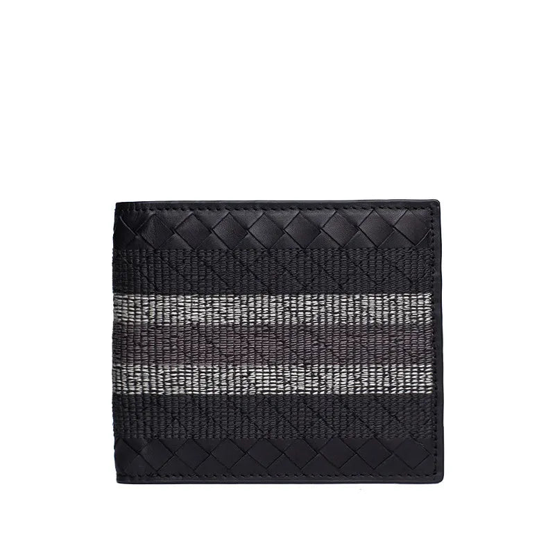 Black hand-knitted cow leather woven folding wallet for men, 19cm width, striped embroidery design