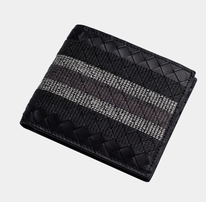 Black hand-knitted cow leather woven folding wallet for men, 19cm width, striped embroidery design