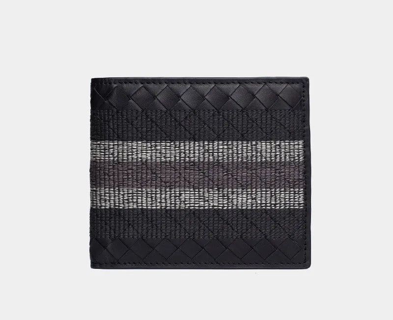Black hand-knitted cow leather woven folding wallet for men, 19cm width, striped embroidery design