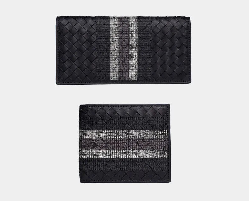 Black hand-knitted cow leather woven folding wallet for men, 19cm width, striped embroidery design
