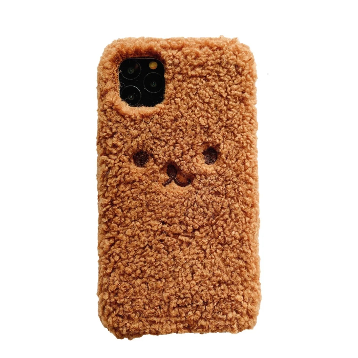 Brown embroidered plush cartoon bear face on a soft TPU iPhone case for iPhone 11.