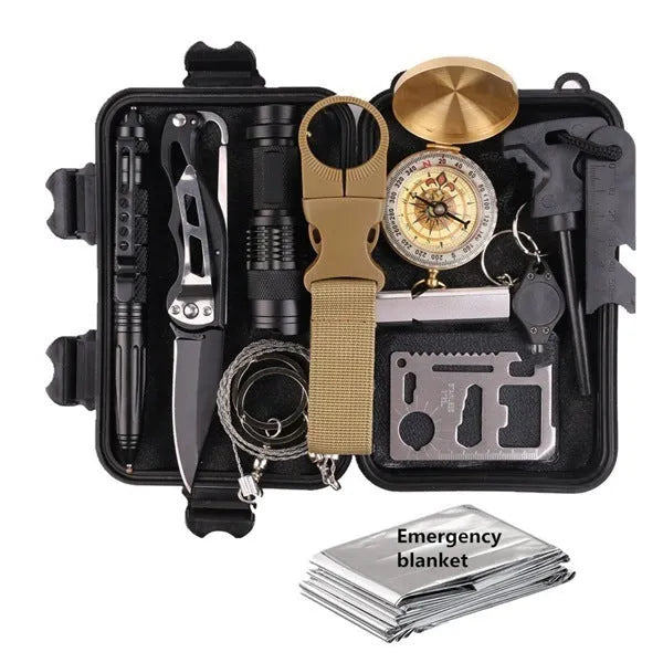 13-piece black stainless steel outdoor survival kit with tactical flashlight and emergency tools