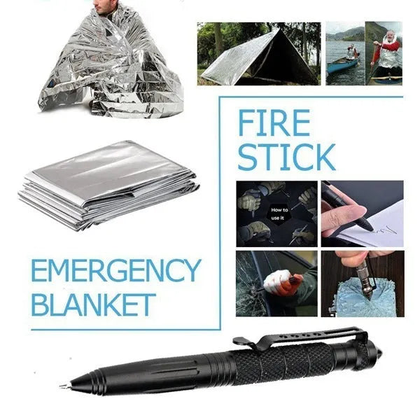 13-piece black stainless steel outdoor survival kit with tactical flashlight and emergency tools