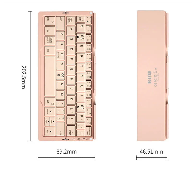 Silver white folding Bluetooth keyboard opened with stand supporting tablet