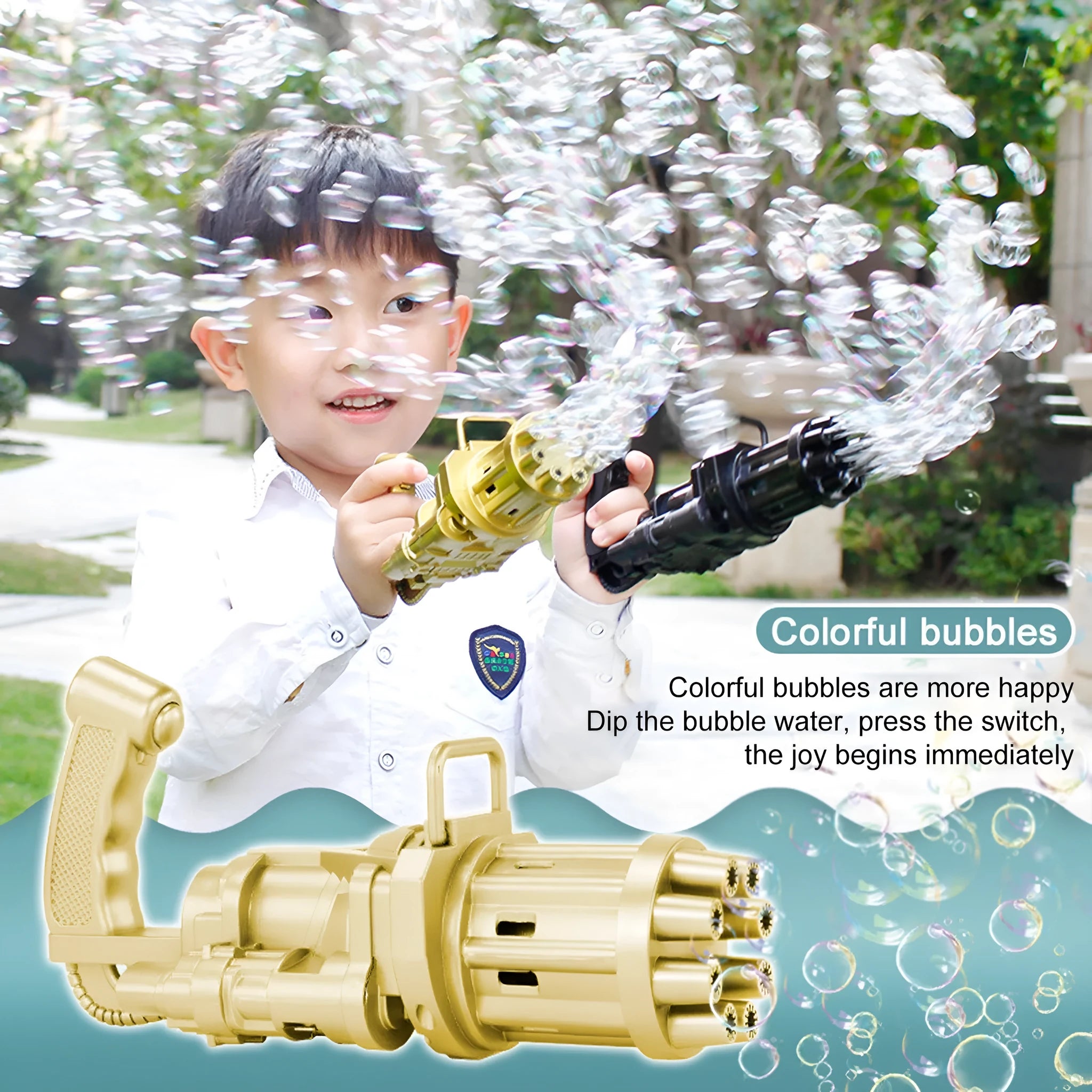 Kids bubble machine gun toy in pink gold black colours with battery compartment and bubble attachment