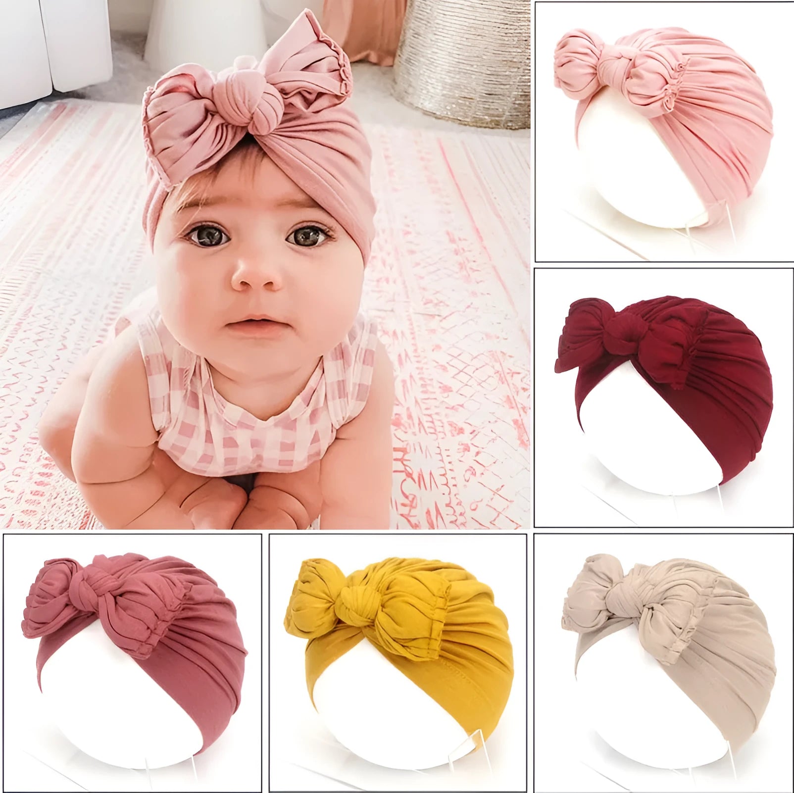 Soft acrylic knitted baby girl turban hat in solid colour fitting 0-28 month infants