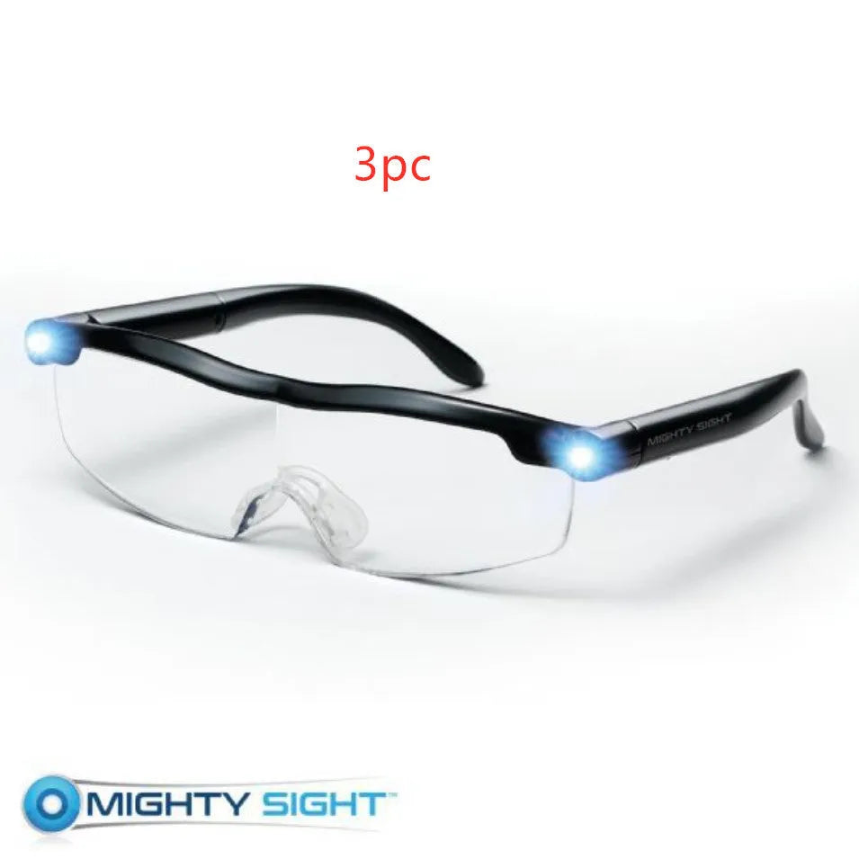 Transparent black USB LED reading glasses with scheduled lighting mode on desk