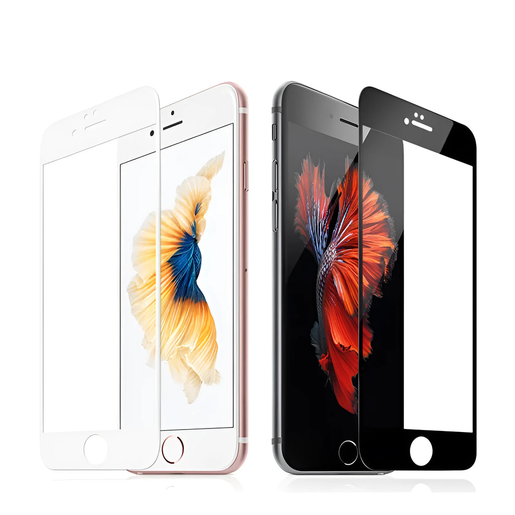 Three-pack of tempered glass screen protectors for iPhone 6, 7, 8 and Plus models in black and white.