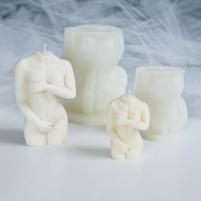 Silicone mould for making candles in the shape of a shy female body silhouette.