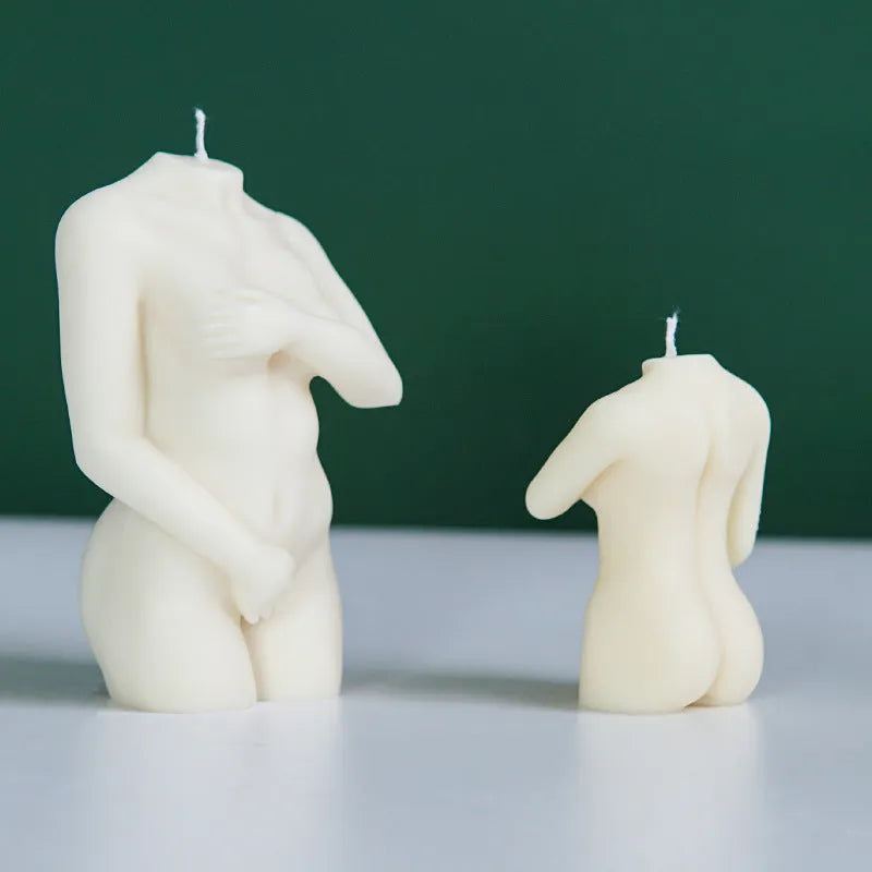 Silicone mould for making candles in the shape of a shy female body silhouette.