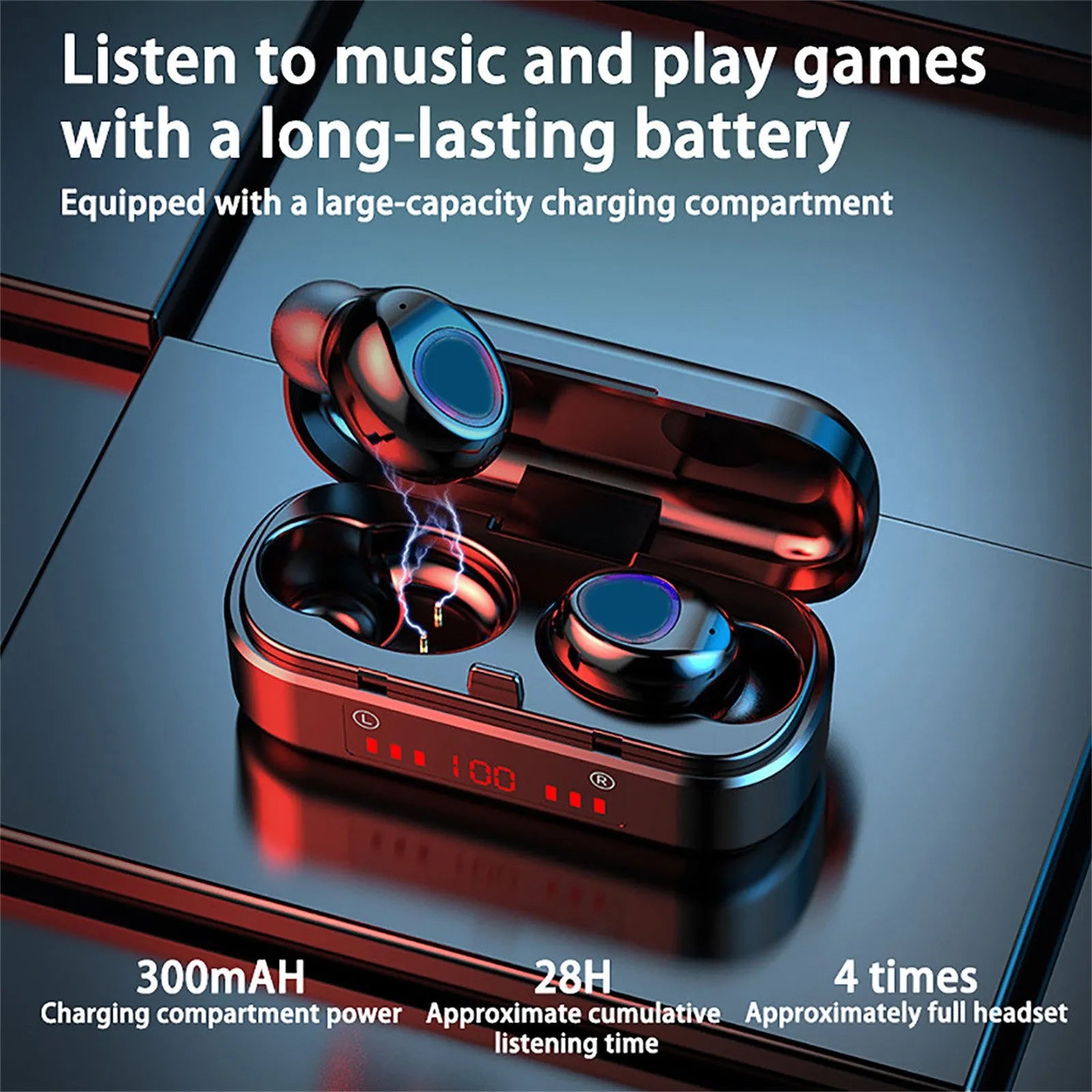 Wireless Bluetooth TWS headset with LED battery display and charging case