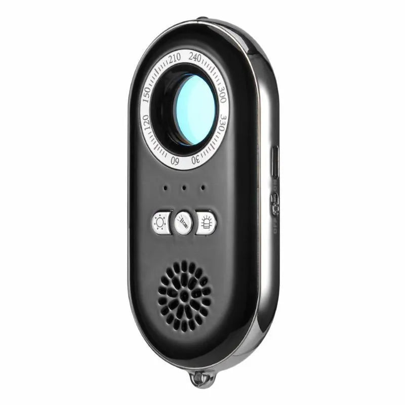 Compact black wireless signal detector with vibration alarm for camera detection and travel security