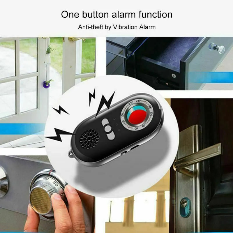 Compact black wireless signal detector with vibration alarm for camera detection and travel security