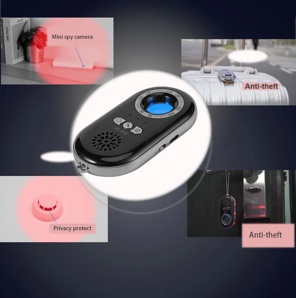 Compact black wireless signal detector with vibration alarm for camera detection and travel security