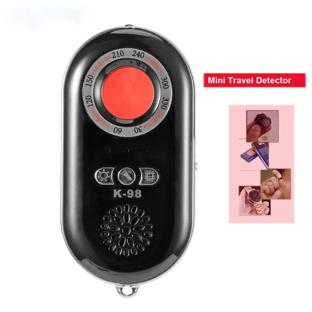 Compact black wireless signal detector with vibration alarm for camera detection and travel security