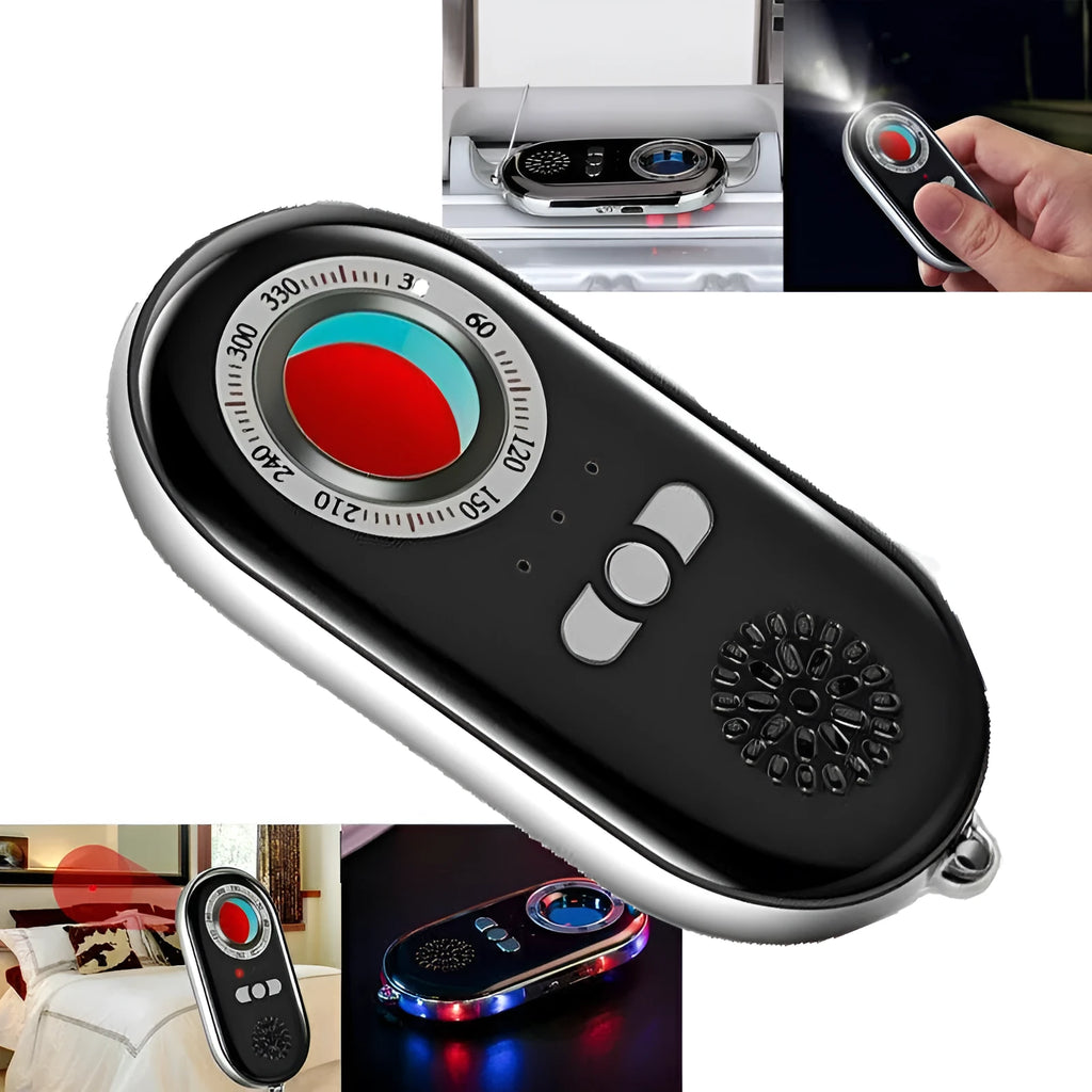 Compact black wireless signal detector with vibration alarm for camera detection and travel security