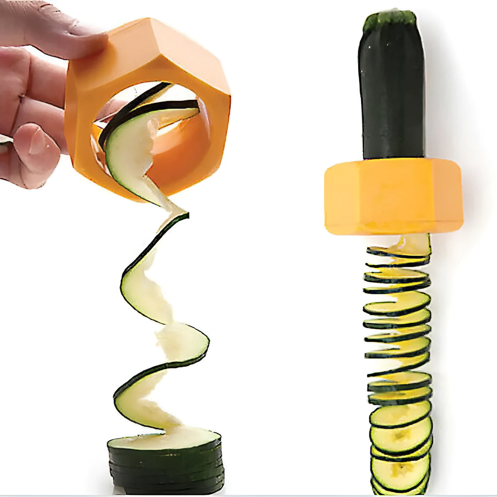 Yellow spiral vegetable cutter with ABS plastic construction showing 8cm diameter dimensions