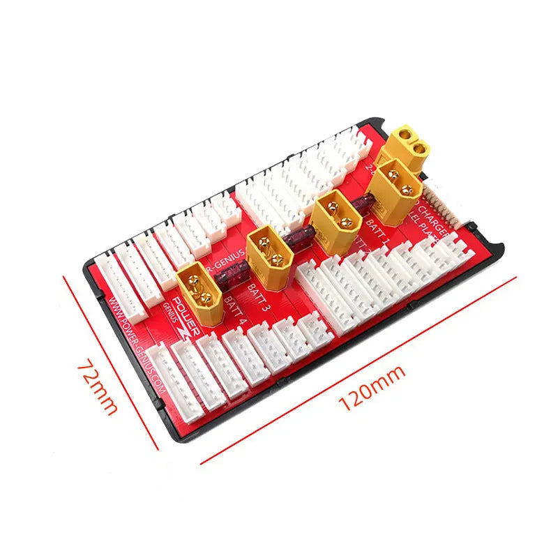 Parallel charging board with four sets of T plug and balance port connectors for RC batteries