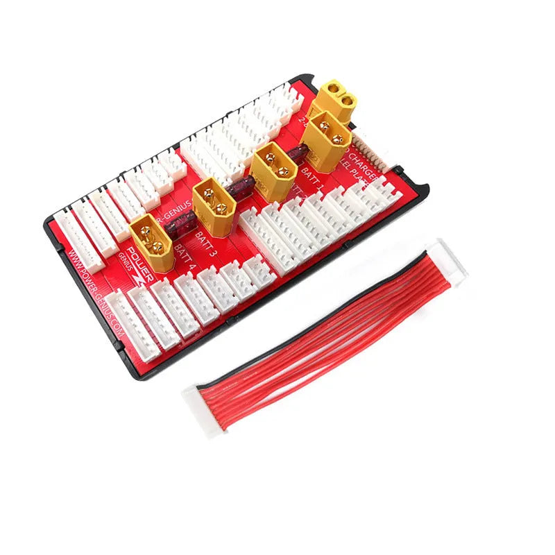 Parallel charging board with four sets of T plug and balance port connectors for RC batteries